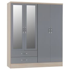 NEWBIGGIN 4 Door Mirrored Wardrobe with 2 Drawers Grey Gloss with Light Oak - 154cm