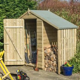 Rowlinson Single Door 4x3 Garden Shed with Lean-to Log Store Pressure Treated, Shiplap Cladding