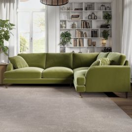 PAYTON Velvet 4 Seater L Shaped Dual Arm Corner Sofa - Olive Green, Right Hand Facing