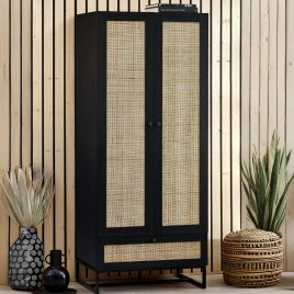 Wardrobe - PETERLEE 2 Door Rattan Wardrobe Black 80cm