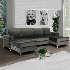 Hamilton Diamond Design Velvet Fabric Large Sofabed with Ottoman Storage - Grey