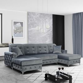 Corner Sofabed - STANLEY Velvet Fabric 4 Seater U Shaped Sofa - Grey
