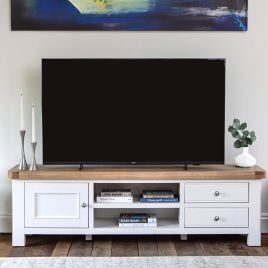 Chunky Oak Large TV Unit with Door, Drawer and Open Shelf - White