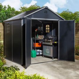 Tyrrell Apex Plastic 8x6 Garden Double Door Shed with Lockable Door and Side Window - Dark Grey
