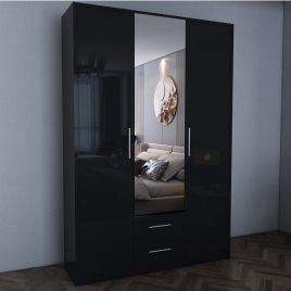 Wardrobe - WINSTEAD 3 Door Mirrored Wardrobe Black 120cm