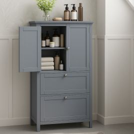 ZEPHRON Bathroom Cabinet Tall Storage Cupboard with 2 Doors, 2 Drawers and Adjustable Shelf - Grey