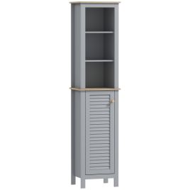 Bathroom Floor Storage Cabinet with 3 Tier Shelf and Cupboard with Door, Free Standing Linen Tower, Tall Slim Side Organizer Shelves, Grey
