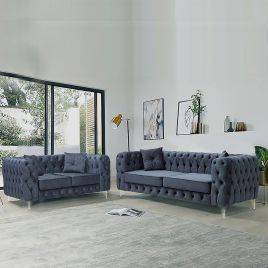 Sofa Set - HEREFORD Plush Velvet 3 Seater and 2 Seater Sofa Set - Grey
