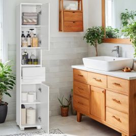 Tall Bathroom Cabinet - MARDA Slim Narrow Cupboard - White