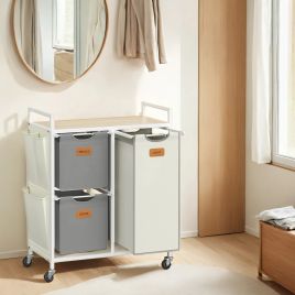 ASFYTI 3 Compartment Laundry Basket with Shelves 100L - Natural Beige, Dove Grey and White