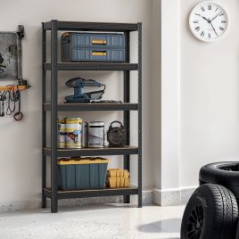 Shelving Unit - FIORIA 5 Tier Rustic Storage Unit 30 x 75 x 150 cm - Rustic Brown and Black