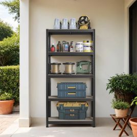 Shelving Unit - FIORIA 5 Tier Steel Storage - Greige and Black