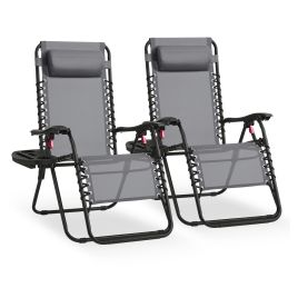 ELDFELL Set of 2 Folding Zero Gravity Reclining Chairs with Tray and Adjustable Headrest - Dark Grey