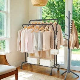 Clothes Rack - TARVA Double-Rod Heavy Duty with Wheels - Black