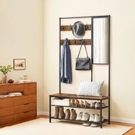 Coat Rack - TARVA Hallway Stand with Shoe Storage and Mirror - Brown Black
