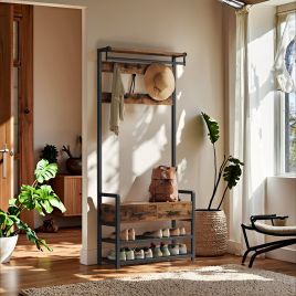 Hall Tree - TARVA Coat Rack Shoe Bench 30 x 80.4 x 181.6 cm - Brown