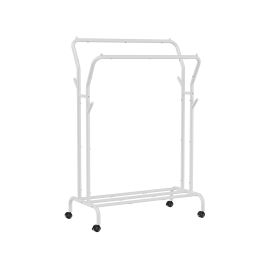 Clothes Rack - FIONIA Double Rod Metal Clothes Rack with Wheels - White