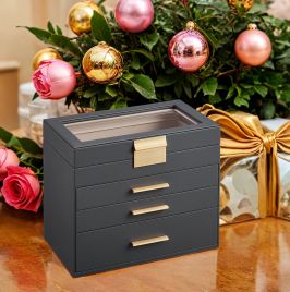 Jewelry Box - VERRIA 4 Tier Organizer with Glass Lid and 3 Drawers - Dark Grey