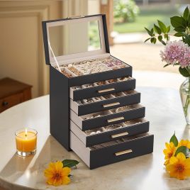 Jewellery Box - VERRIA 6-Layer Organizer with Glass Lid and 5 Drawer - Black