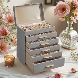 Jewellery Box - VERRIA 6-Layer Organizer with Glass Lid and 5 Drawer - Grey