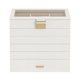 EARLENSHIRE 6 Tier Stackable Trays Jewellery Box with Glass Lid and Large Case - White