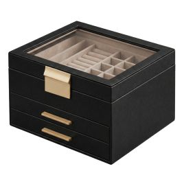 BIXEXE 3 Layer Jewellery Box with Glass Lid - Black