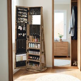 Jewellery Cabinet - VERRIA Freestanding Organizer with Full-Length Mirror Spin Swivel - Camel Brown