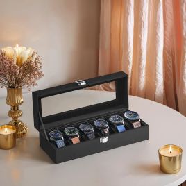 Watch Box - VERRIA 6 Slots Organizer Case with Glass Lid and Removable Pillow - Black