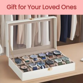 Watch Box - VERRIA 12 Slot Organizer Case with Glass Lid and Removable Pillow - White