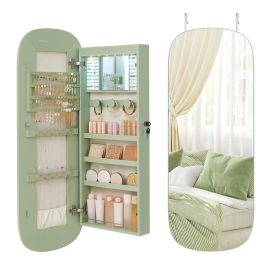 BLSULU Lockable LED Mirror Jewellery Cabinet - Laurel Green and Cream White