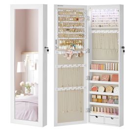 Jewellery Cabinet - VERRAE Mirrored Storage with Multiple Compartments - White