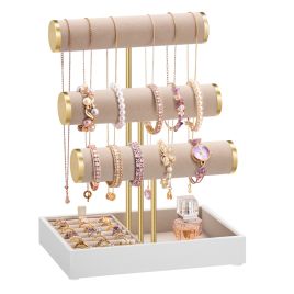 BRDELU 3 Tier Jewellery Display Stand - Cloud White and Camel Brown