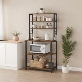 Baker Rack - FINTTO Kitchen Coffee Bar with 6 Shelves and 6 Hooks - Black