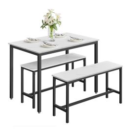 CEPYBI Dining Table with 2 Benches - Marble White and Ink Black