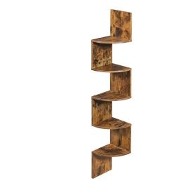 CLLISA 5 Tier Floating Corner Bookcase - Rustic Brown