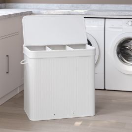Laundry Hamper - VERRA Bamboo Basket with Lid Removable 62cm - White