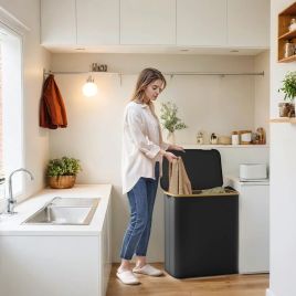 Laundry Basket - VERRA 3-Section Large Hamper with Lid 150L - Black