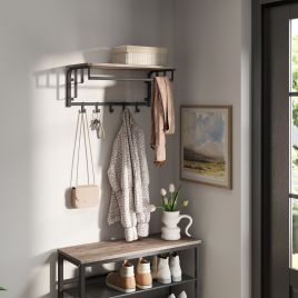 Coat Rack - VERRA Wall Mounted Clothes Rail with 5 Removable Hooks and Shelf - Light Wood