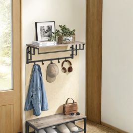 Coat Rack - VERRA Wall Mounted Clothes Rail with 5 Removable Hooks and Shelf - Grey