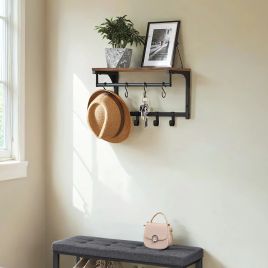 Coat Rack - VERRA Wall Shelf with 8 Hooks Rack 40 x 24 x 24 cm - Brown