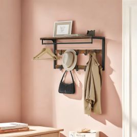 Coat Rack - VERRA Wall Shelf with 10 Hooks and Clothes Rail - Rustic Brown