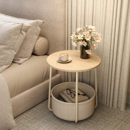 Side Table - VERRA Round End Table with Fabric Basket - Camel Brown
