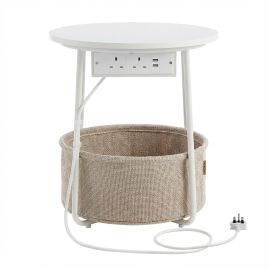 DENABE Round Side Table with Fabric Basket - White
