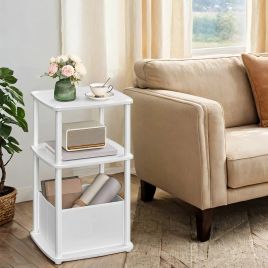 Side Table - VERRA 3 Tier Nightstand with Fabric Basket Toolless Assembly - White