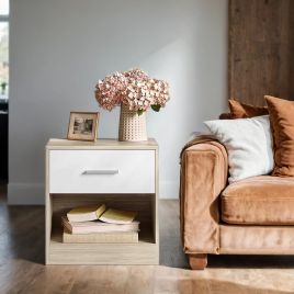 Bedside Table - VERRA Side Table with Drawer and Handle - White Natural