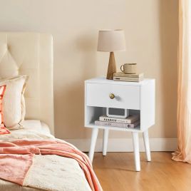 Bedside Table - VERRA Storage Drawer Open Shelf Solid Wood Leg - White