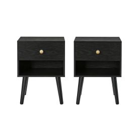 GLOVIN Bedside Table with Storage Drawer and Open Shelf Set of 2 - Black