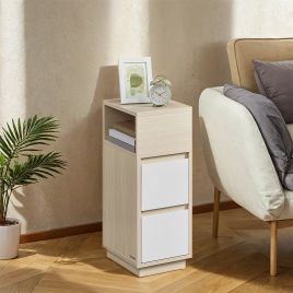Side Tables - VERRA Set of 2 Narrow Slim End Tables with 2 Drawers and 1 Open Compartment - Natural