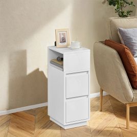 Side Tables - VERRA Set of 2 Narrow Slim End Tables with 2 Drawers and 1 Open Compartment - White