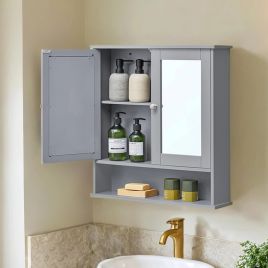 Bathroom Cabinet - VERRA Wall Cabinet with Mirror 2 Mirrored Doors Adjustable Shelf - Grey